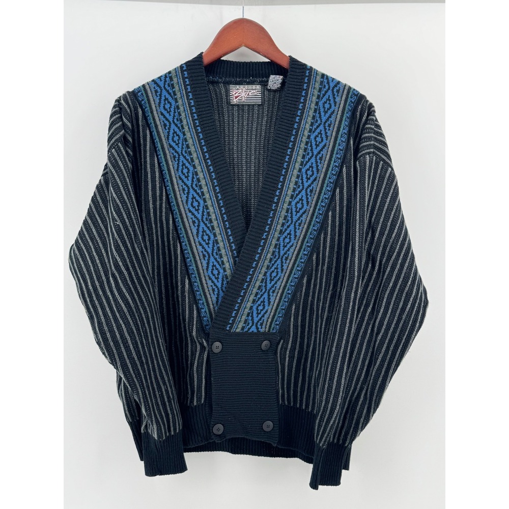 Anchor Blue Vintage 90s Mens Large Double‎ Breasted Striped Knit Cardigan Black